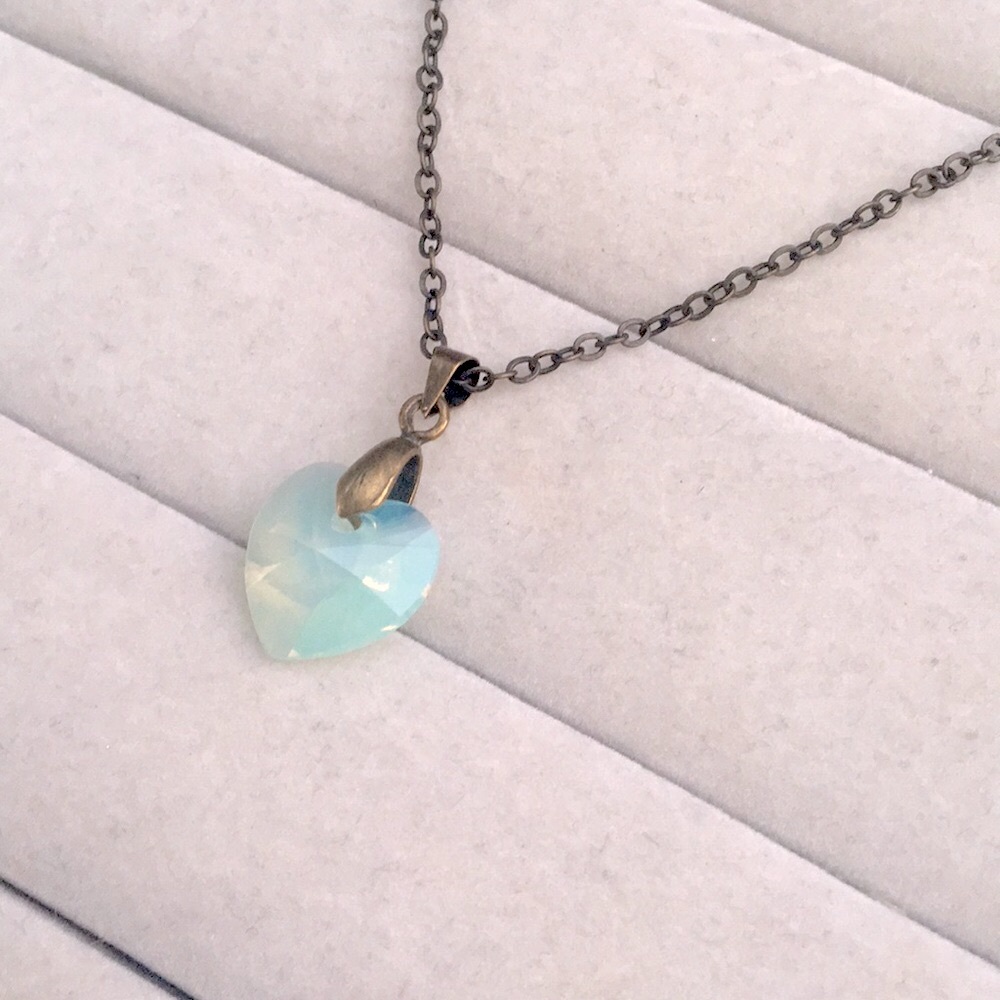 Chrysolite Green Opal + Antique Brass Crystal Heart Drop Pendant Necklace - Picture 3 of 4